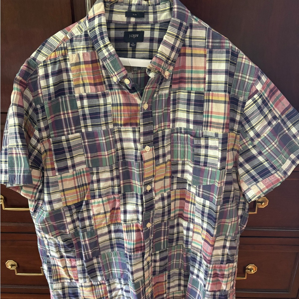 J. Crew XL Slim fit Madras patchwork short sleeve shirt